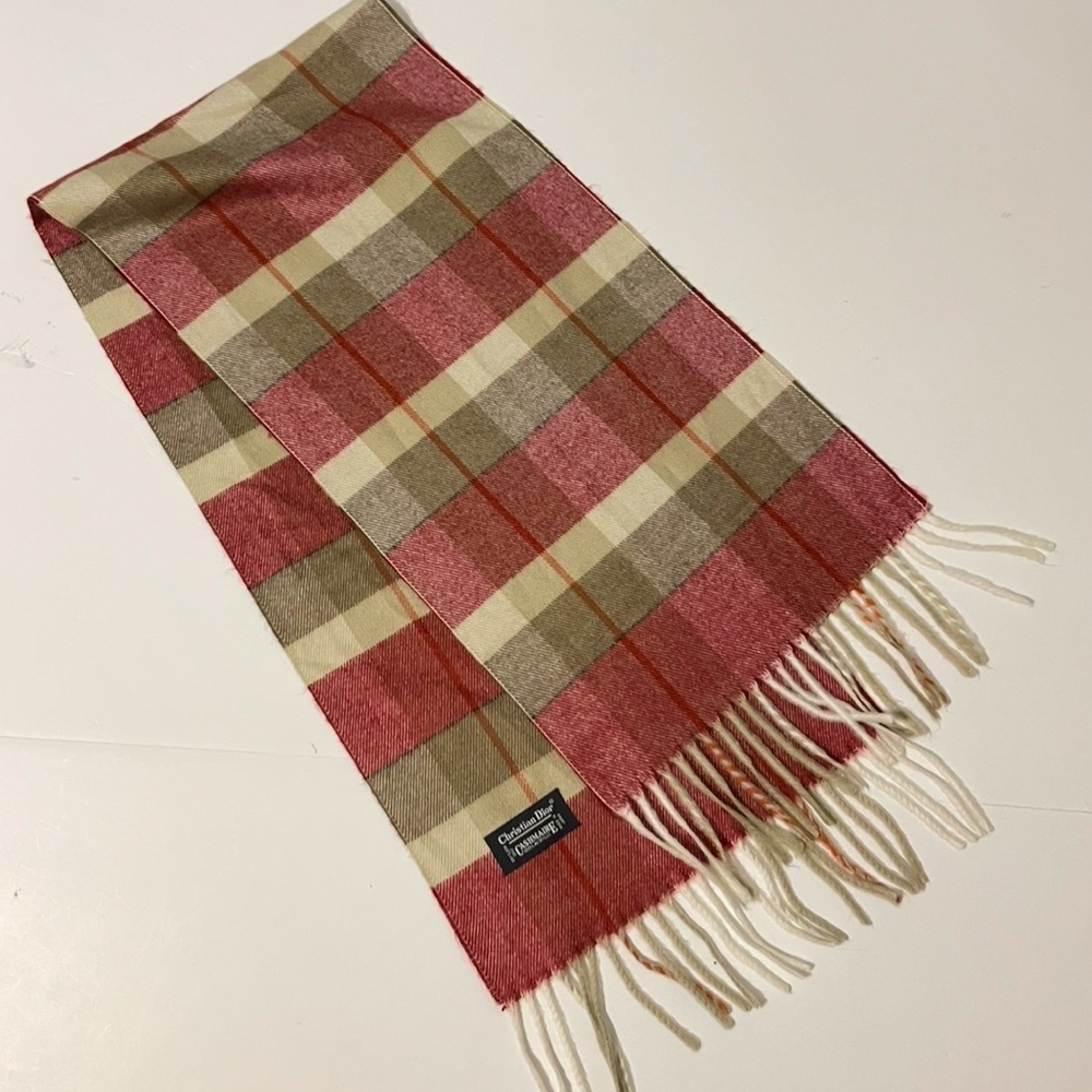 Christian Dior Plaid Scarf Monsieur Burgundy Plaid Fringe Soft Acrylic